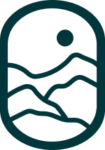 Minimalist icon of a landscape with three wavy lines representing hills or mountains inside an oval shape, and a small solid circle above symbolizing the sun or moon on a light background.