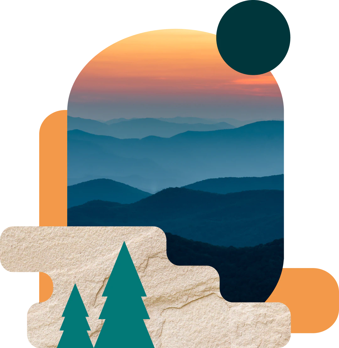 Desktop_About_Us_Care_Without_Compromise Abstract collage of blue mountain layers at sunset, with a dark green sun, textured beige shapes, and green pine tree silhouettes in the foreground.