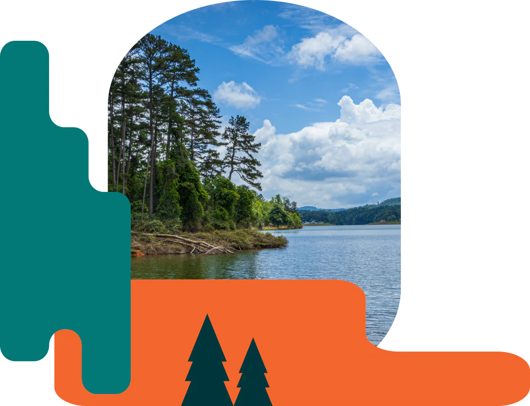 Desktop_About_Us_Dentistry_That_Reflects A lake bordered by trees under a blue sky with clouds, framed by green and orange graphic shapes and two stylized pine trees in the foreground.