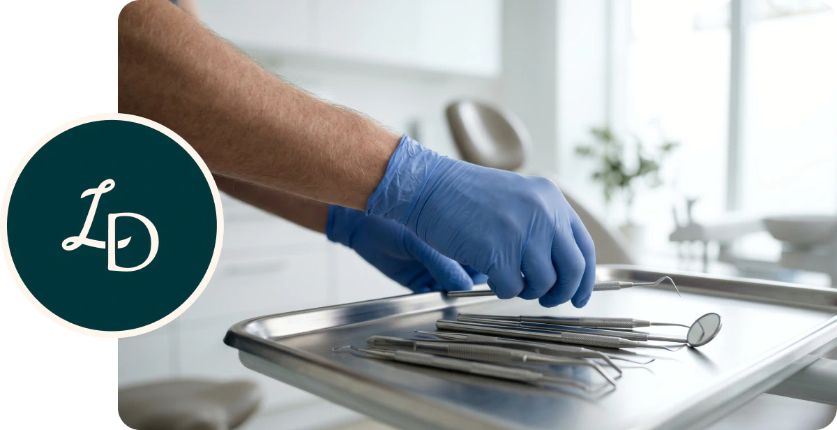 Desktop_Contact_Us_Meet_Dr_Luke_Wilson A person wearing blue gloves selects a dental tool from a tray with various dental instruments in a clean, modern dental office. A circular logo with stylized L and D is on the left side.