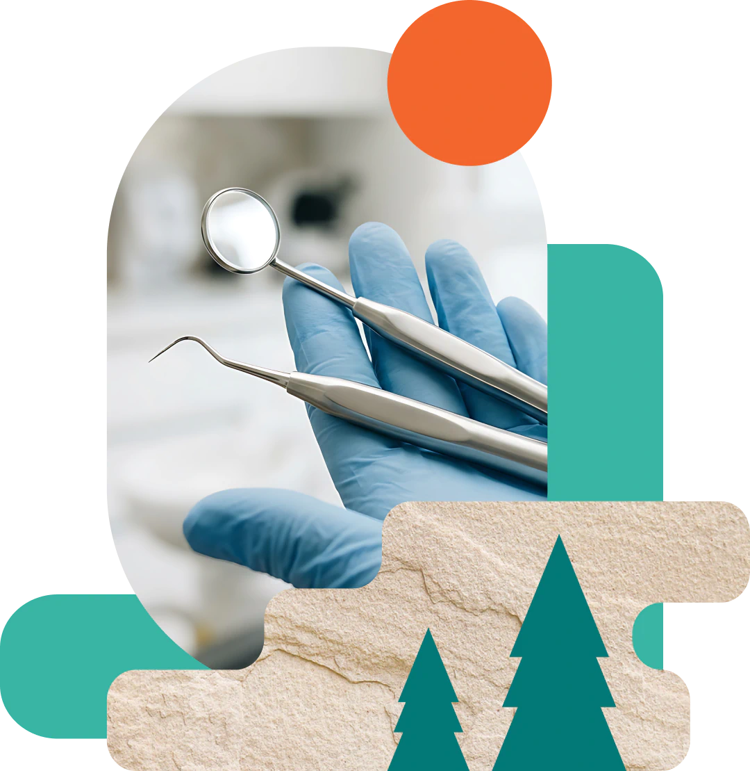 A gloved hand holds two dental instruments, with abstract shapes, an orange circle, and tree silhouettes layered over a blurred dental office background.