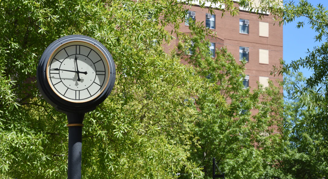 A black outdoor clock shows 2:46. Green trees surround the clock, and a tall red brick building with cream accents stands in the background under a clear blue sky.