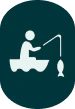 Icon of a person sitting in a boat fishing, with a fish hanging on the fishing line, set against a dark oval background.