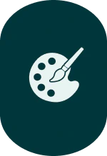 A light blue artist palette with a paintbrush icon on a dark teal oval background.