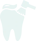 A stylized drawing of a tooth being cleaned with a toothbrush, shown in light blue on a white background.