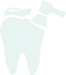 A light blue, simplified outline of a tooth with a toothbrush positioned across its top right corner, set against a white background.